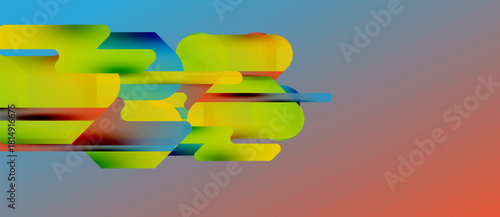Abstract colorful shapes overlap, creating dynamic visual effect. Gradient background transitions from blue to orange. Modern design.