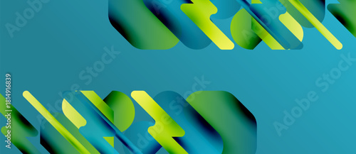 Abstract geometric shapes overlap, creating vibrant blue, green gradients. Modern design suggests technology, innovation, movement.