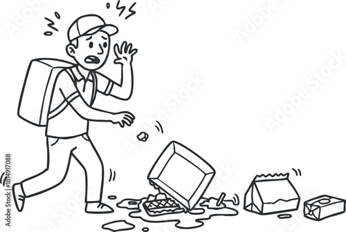 Expressive vector illustration of a surprised backpacker encountering a mess during an outdoor adventure, ideal for travel themes.