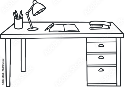 Minimalist line art illustration of a desk setup featuring a lamp, notebook, and stationery for workspace design