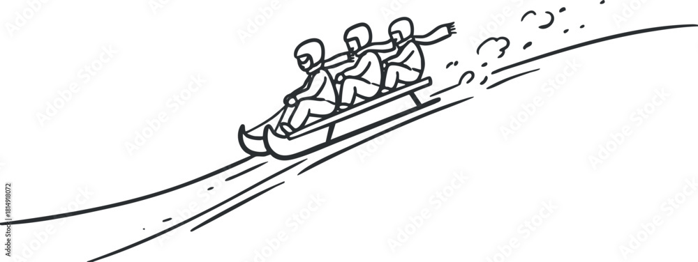 Naklejka premium Stylized line art illustration of a bobsled team racing down a snowy hill, perfect for winter sports concepts.