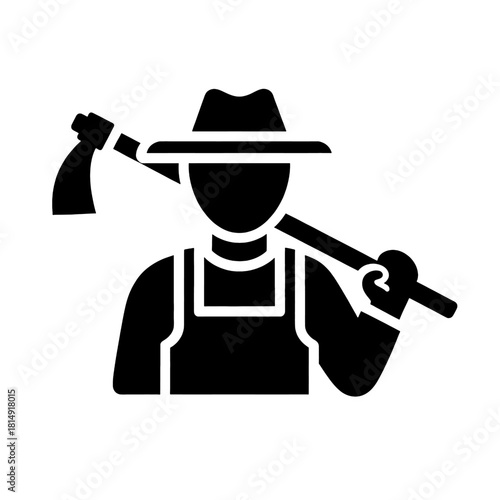Glyph icon representing the concept of a farmer or gardener with a hoe, symbolizing agricultural work, cultivation, and the agrarian lifestyle