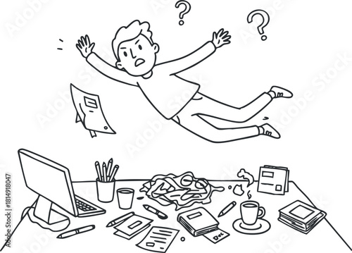 Cartoon-style vector illustration of a stressed individual surrounded by a chaotic workspace, perfect for illustrating workplace challenges and mental overload.