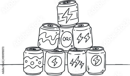 Outline vector illustration of a stacked collection of various beverage cans, perfect for packaging design and creative projects