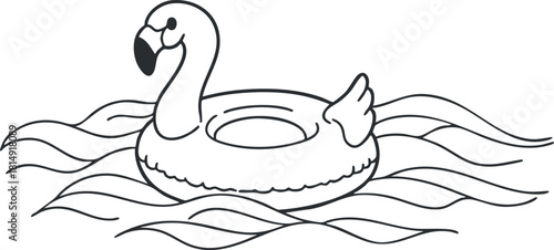 Outline vector illustration of a flamingo float swimming in water, ideal for summer-themed designs and children’s activities