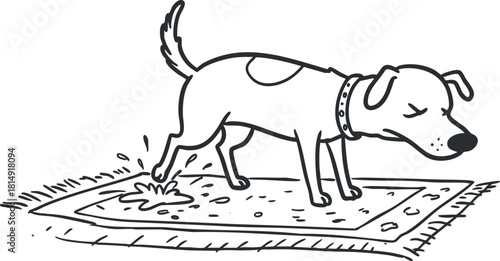 Playful outline vector illustration of a dog making a mess on a carpet, perfect for pet care and humor-themed designs