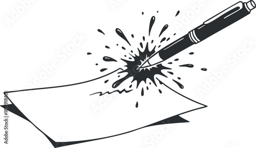 Dynamic black and white vector illustration of a pen creating an explosive effect on paper, ideal for creative projects