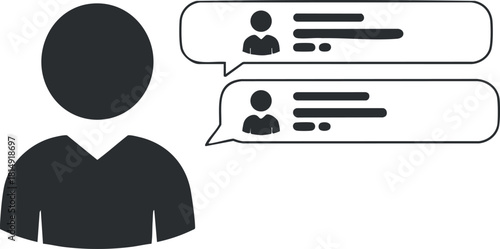 Minimalist black and white vector illustration of a user profile with chat bubbles for communication and messaging concepts