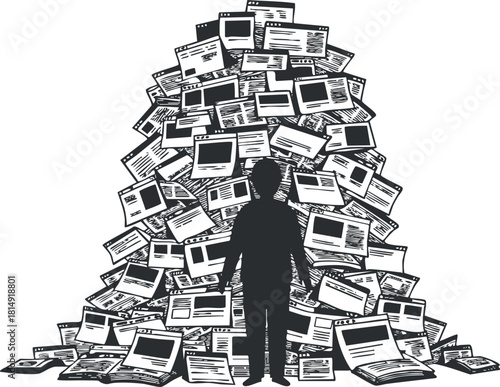 Silhouette vector illustration of a person standing before a massive pile of documents and papers, representing information overload and stress in a modern office context.