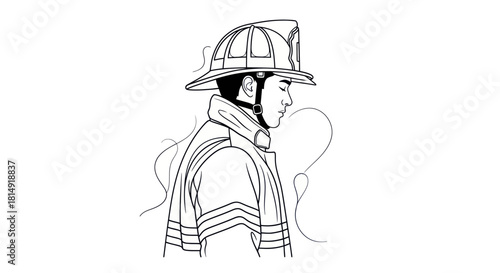 Firefighter in profile wearing helmet and uniform ready for action.