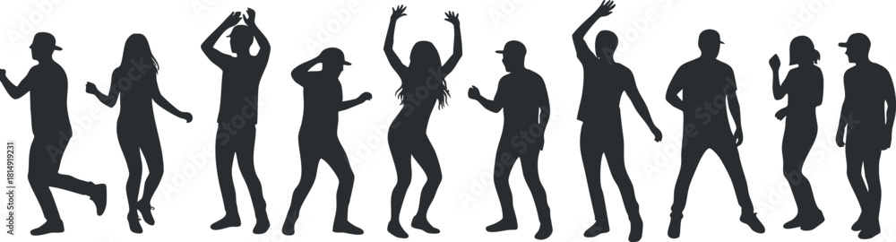 Obraz premium Dynamic silhouette vector illustration of diverse dancing figures showcasing movement and energy for party and entertainment themes
