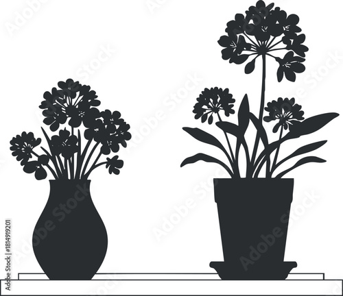 Silhouette vector illustration of two potted plants with flowers, ideal for home decor and botanical design projects