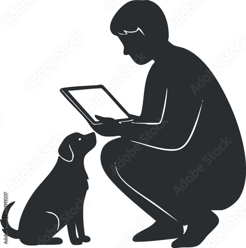 Silhouette vector illustration of a person using a tablet with a dog, perfect for pet care and technology themes