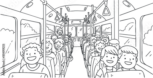 Outline vector illustration of a crowded bus interior featuring happy passengers for public transport and commuting themes