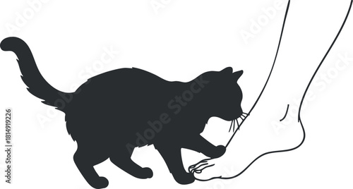 Minimalist black vector illustration of a cat interacting playfully with a human foot, ideal for pet-related designs.