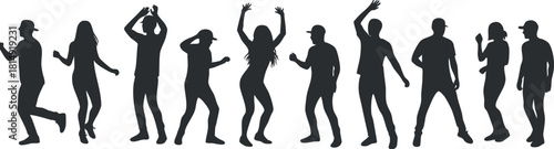 Dynamic silhouette vector illustration of diverse dancing figures showcasing movement and energy for party and entertainment themes
