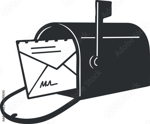 Minimalist black and white vector illustration of a mailbox with an envelope, ideal for communication and postal service concepts.