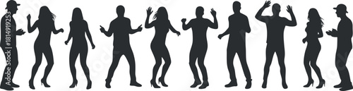Silhouette vector illustration of dancing people in dynamic poses, ideal for party themes and entertainment design projects