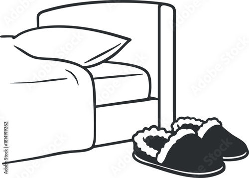 Minimalist black and white vector illustration of a cozy bedroom scene featuring a bed and warm slippers.