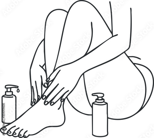 Minimalist line art illustration of a woman applying skincare products to her feet, ideal for beauty and wellness themes