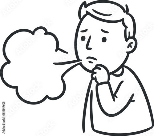 Line art illustration of a worried young man deep in thought with a cloud symbolizing contemplation