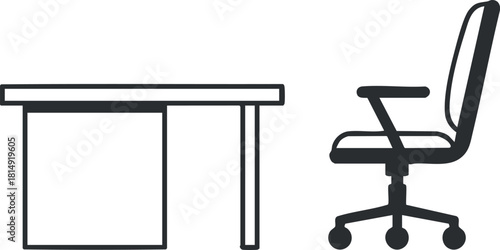 Minimalist black and white vector illustration of an office desk and ergonomic chair design for workspace concepts