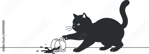 Playful black silhouette vector illustration of a cat knocking over a cup, ideal for humorous design projects
