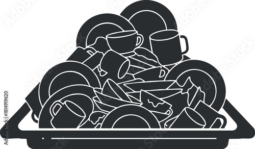 Minimalist black and white vector illustration of a pile of dirty dishes and utensils for cleaning and kitchen concepts