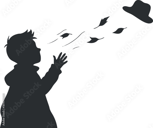 Silhouette vector illustration of a child joyfully releasing a hat and birds, symbolizing freedom and imagination.