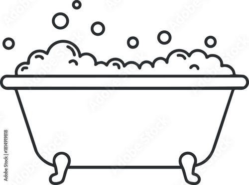 Outline vector illustration of a classic bathtub filled with bubbles, ideal for wellness and home decor designs