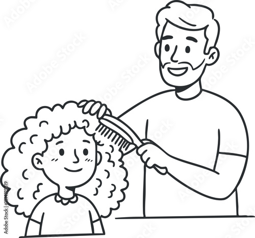 Outline vector illustration of a father happily styling his daughter's curly hair, perfect for family and parenting themes