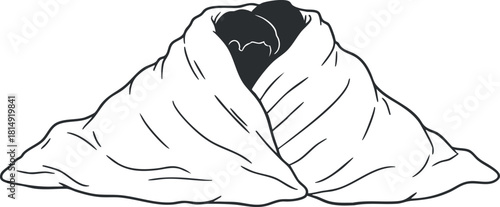 Minimalist line art illustration of two figures snuggled under a blanket, ideal for cozy lifestyle and home design projects