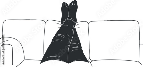 Minimalist black and white vector illustration of relaxed legs resting on a sofa, ideal for home and lifestyle themes