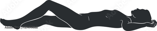 Minimalist black silhouette vector illustration of a reclining female figure in a relaxed pose for wellness and health concepts