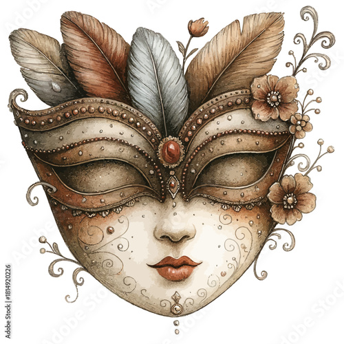Elegant Watercolor Venetian Masquerade Mask with Feathers, Flowers, and Jeweled Details Vector Illustration
