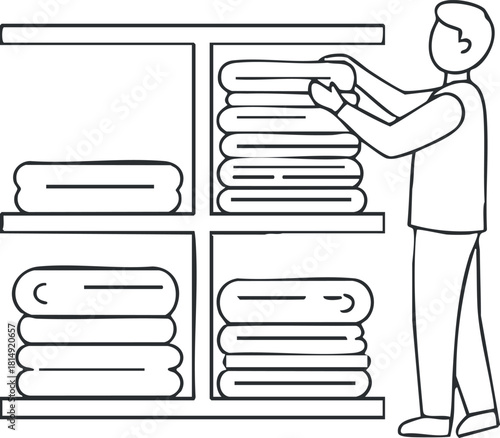 Outline vector illustration of a man organizing neatly stacked towels on shelves for home organization and interior design.