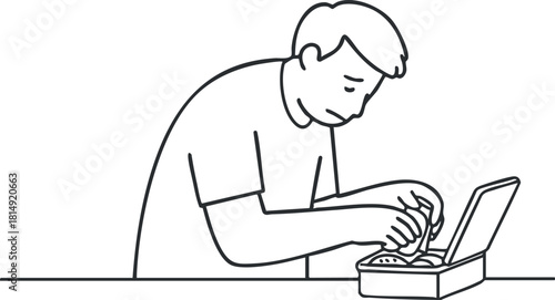 Minimalist outline vector illustration of a man enjoying a meal from a lunch box, ideal for lifestyle and wellness themes