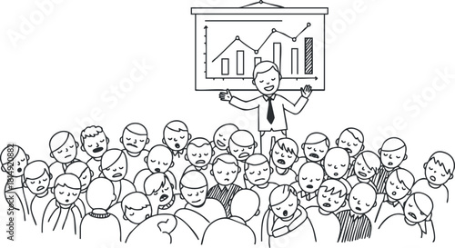 Outline illustration depicting a speaker presenting to an engaged audience with charts and graphs for business meetings or educational contexts