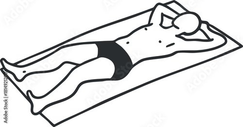 Minimalist outline vector illustration of a person sunbathing on a towel, perfect for summer-themed design projects.