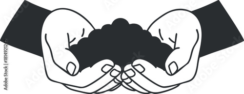 Minimalist outline vector illustration of hands holding soil, symbolizing care for the environment and sustainability