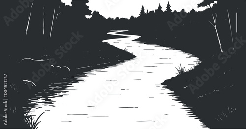 Stylized black and white vector illustration of a tranquil river winding through a serene forest landscape