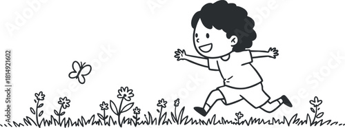Playful black and white vector illustration of a child running joyfully in a field of flowers chasing a butterfly
