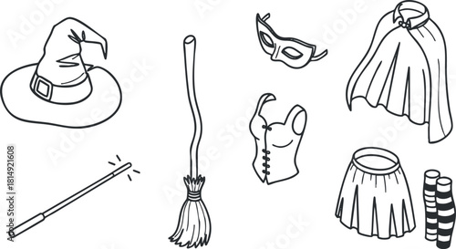 Whimsical outline vector illustration of Halloween costume elements including a witch hat, broomstick, mask, cape, and skirt for festive design.