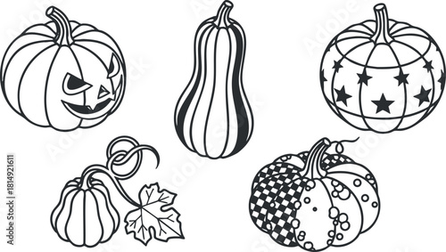 Collection of Halloween-themed vector illustrations featuring various pumpkins and gourds in black and white outline style