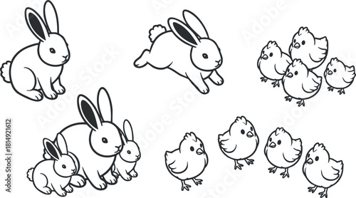 Cute vector illustration set of rabbits and chicks in a playful, cartoon style for spring and Easter themes