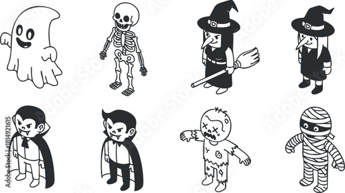 Set of playful Halloween-themed vector illustrations featuring a ghost, skeleton, vampire, witch, mummy, and zombie characters in outline style