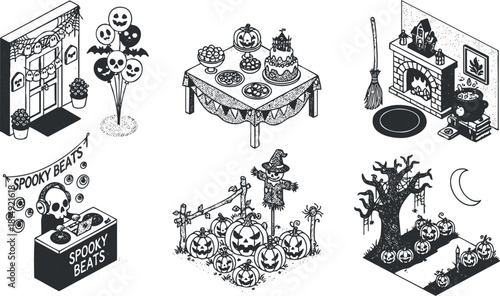 Playful black and white vector illustration featuring Halloween-themed elements including pumpkins, ghosts, and festive decorations for party designs