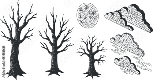 Hand-drawn black and white vector illustration of trees, clouds, and a moon for nature-themed design projects