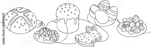 Outline vector illustration of festive desserts and treats including cakes, cookies, and Easter eggs for celebration and design projects