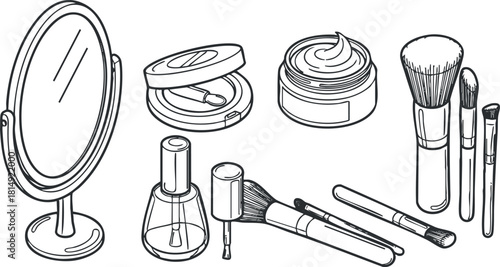 Stylish line art vector illustration featuring a collection of makeup and skincare products including a mirror, brushes, and jars for beauty design projects